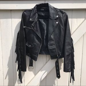MISSGUIDED BLACK FRINGE BIKER JACKET